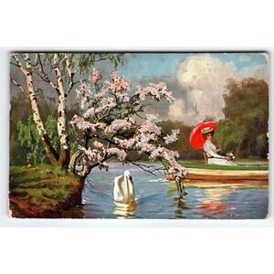 1908 Postcard Swan On Lake Lady With Umbrella On Canoe Boat Cherry Blossom Tree